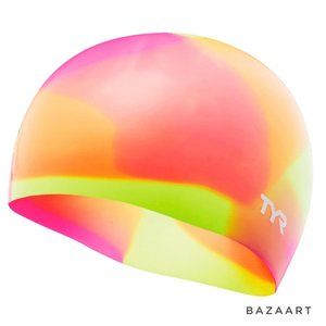 TYR Tie Dye Pink / Yellow / Orange Silicone Swim Swimming Cap Youth Fit Age 10+